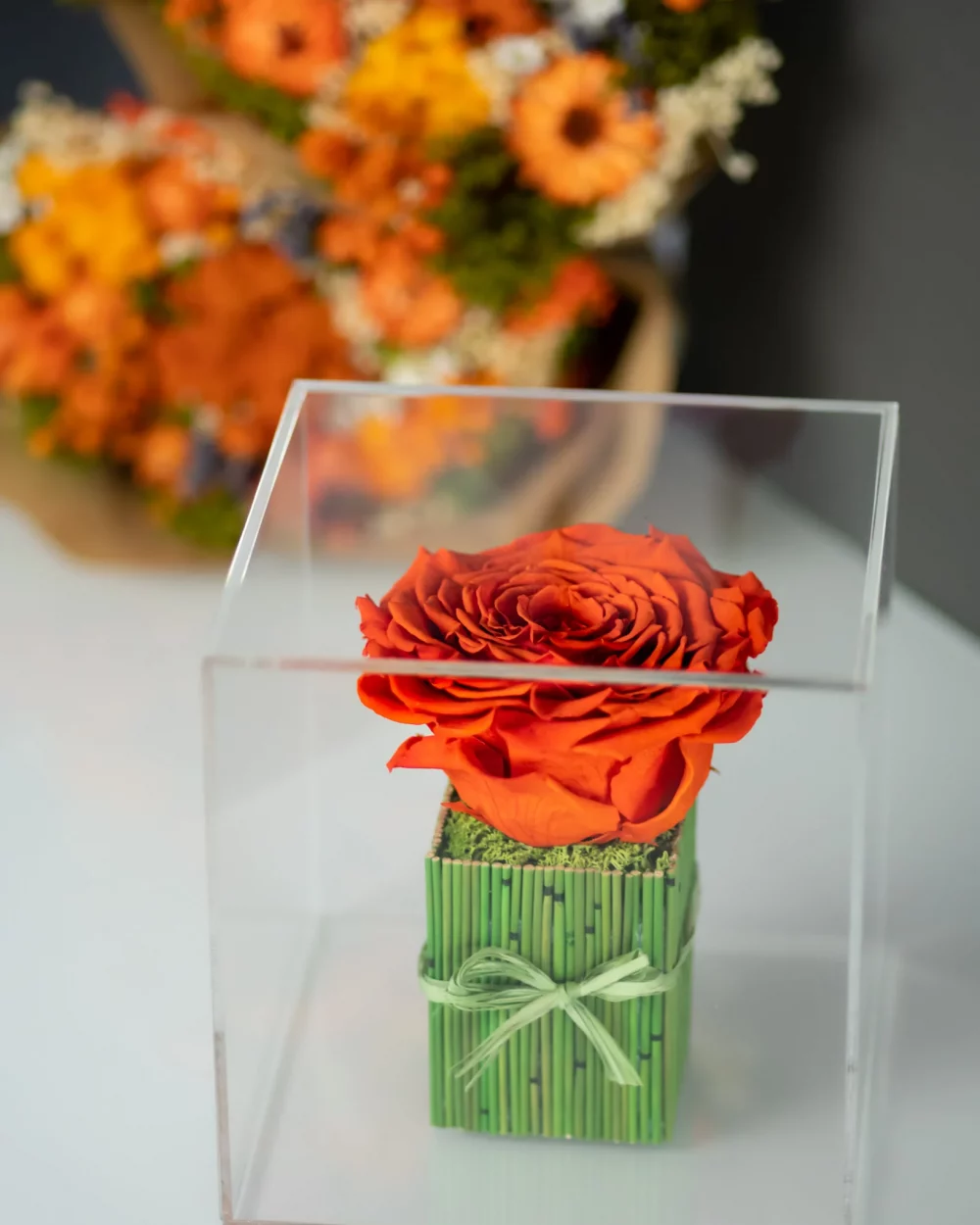 preserved rose in a transparent cube